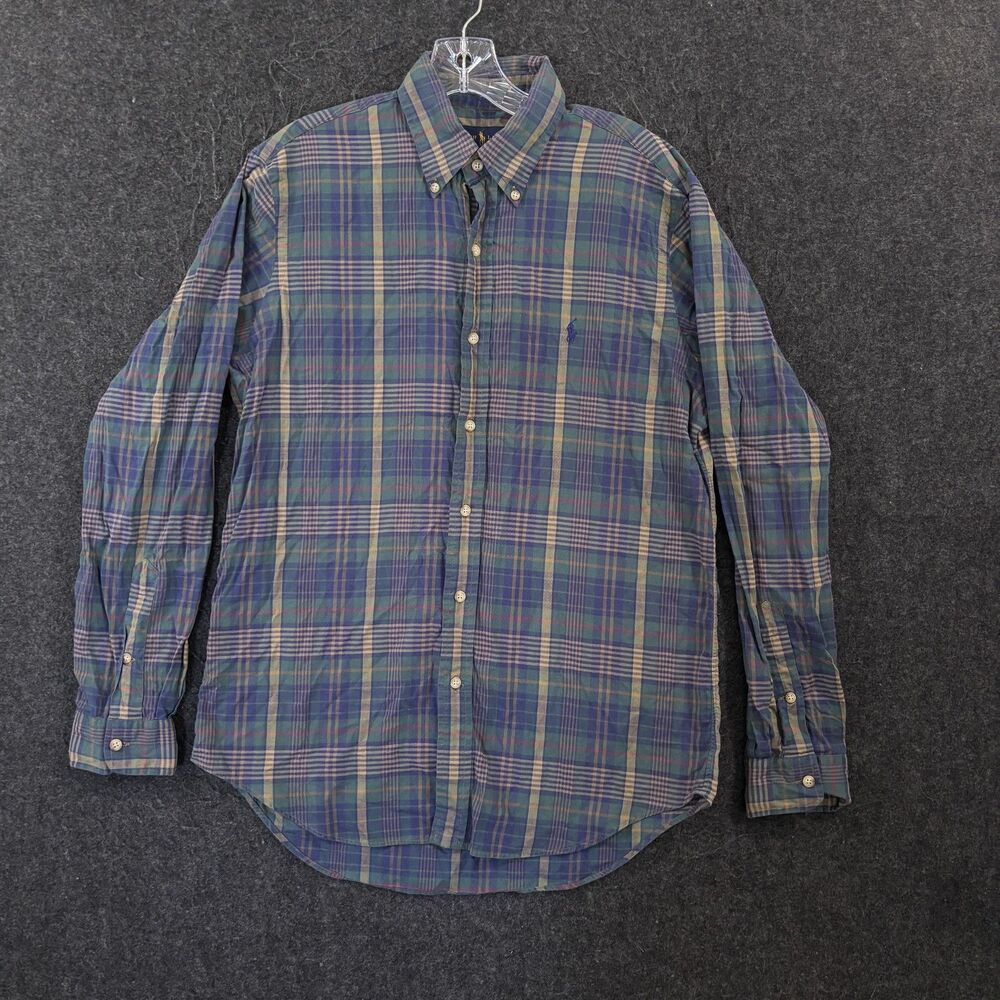 Ralph Lauren Shirt Men's Medium Blue Plaid Cotton Button Down Casual Preppy